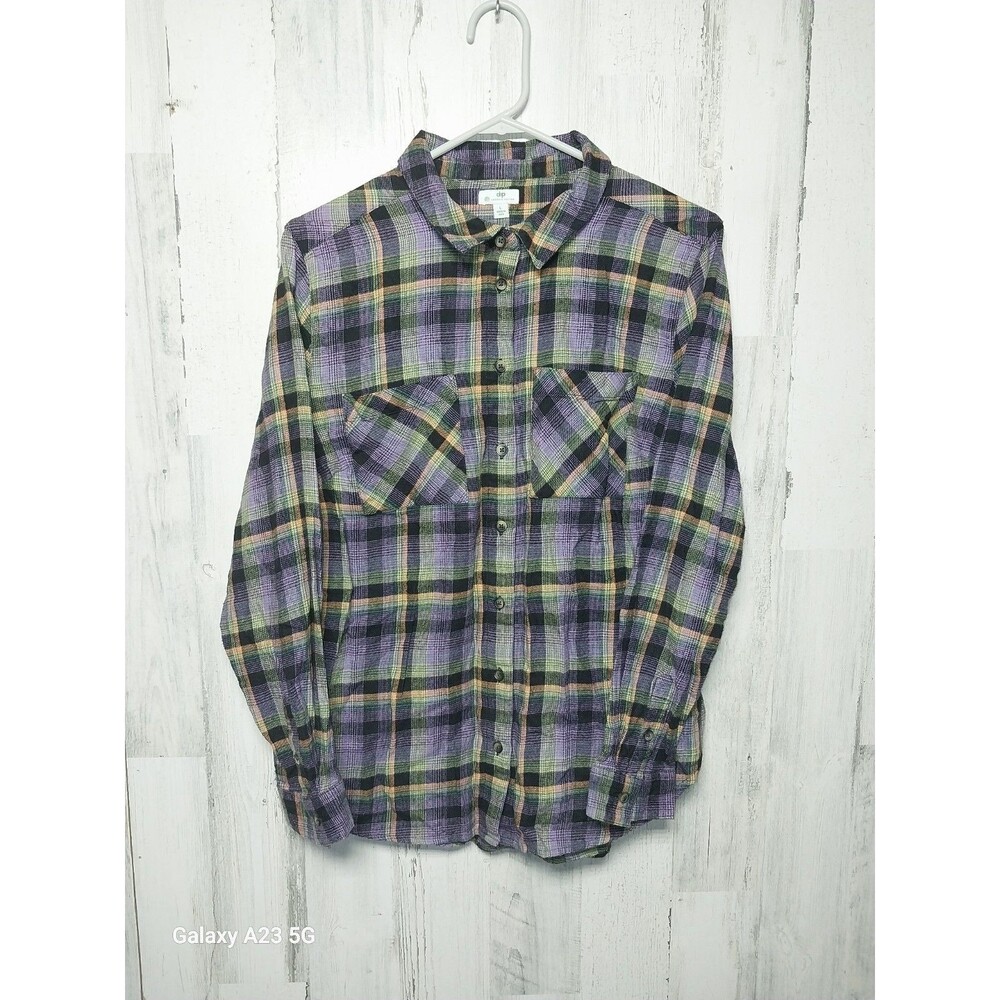 DIP WOMENS ORGANIC Purple Green Plaid CLASSIC FLANNEL TWO POCKET SHIRTS Large